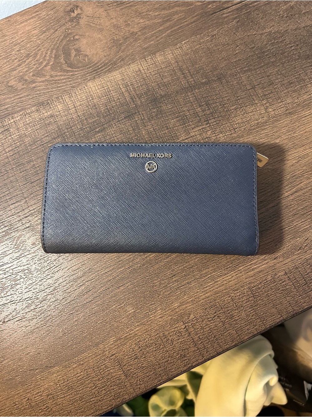 Michael Kors Dark Blue Saffiano Zip Wallet with Gold Hardware